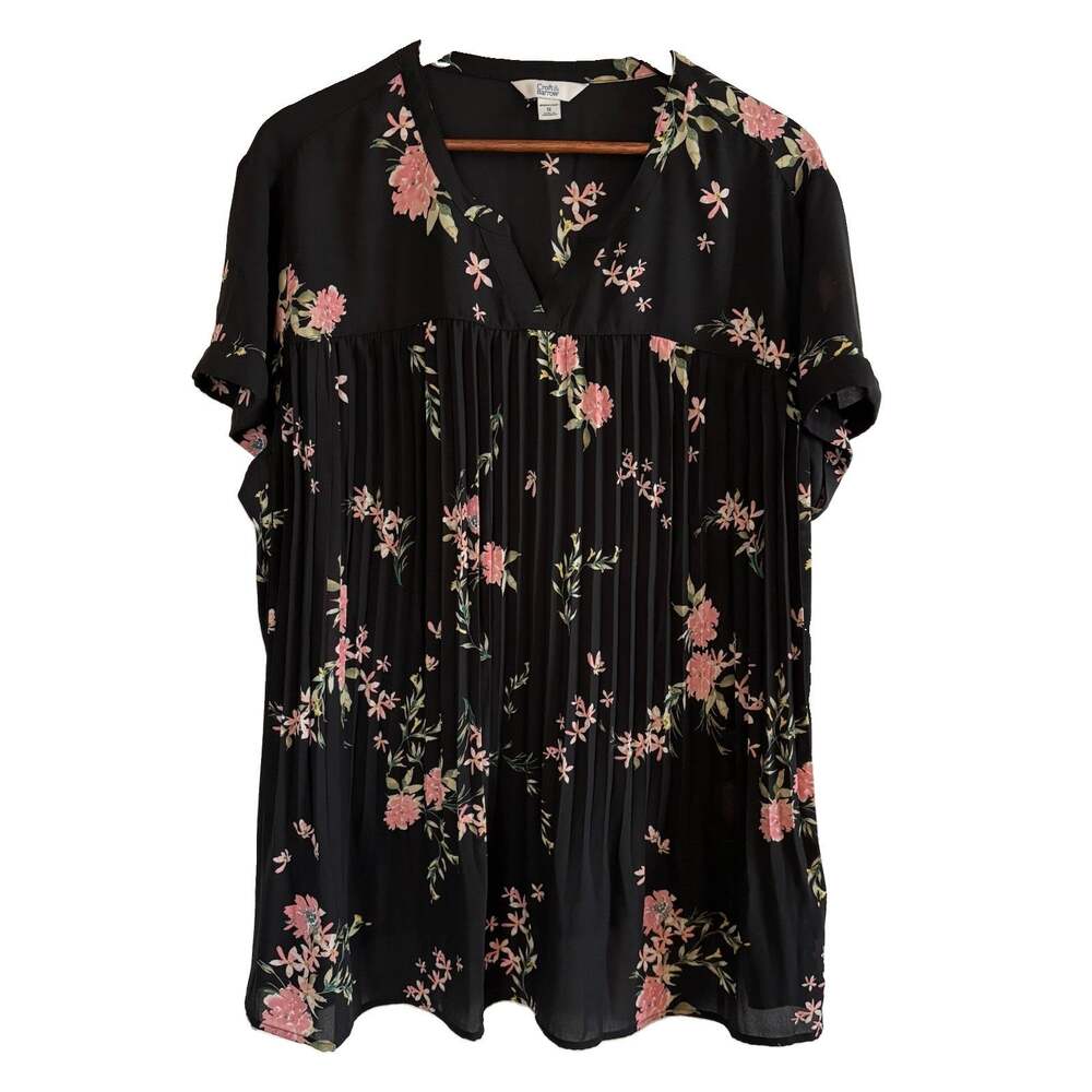 Croft & Barrow Women's 1X Black Floral Accordion Pleated Peasant Blouse Cottage
